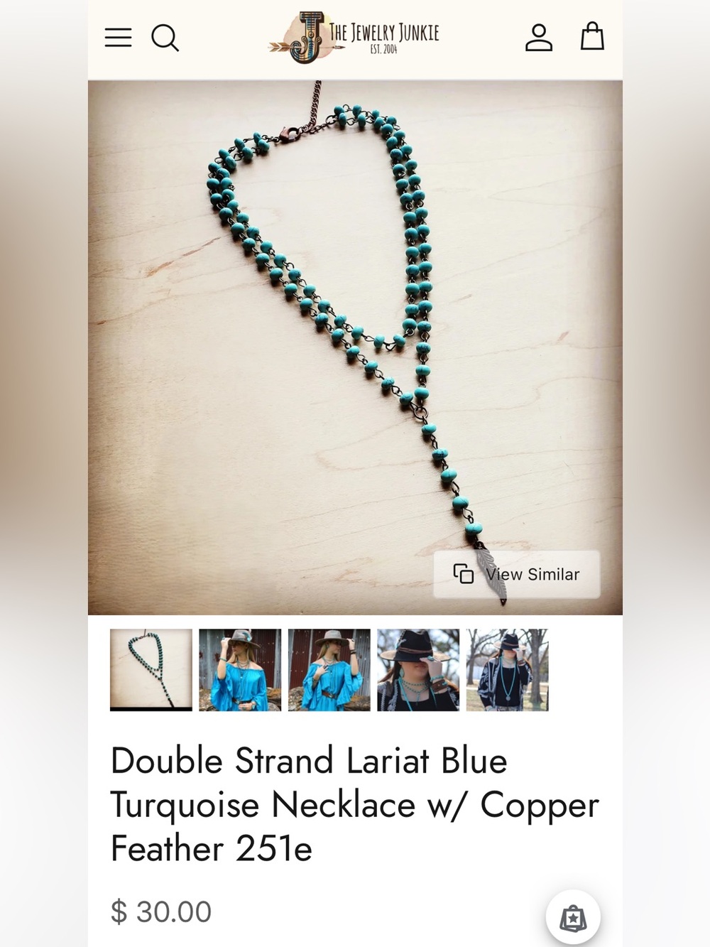 TWO Double Strand Lariat Blue Turquoise Necklace with Copper Feather